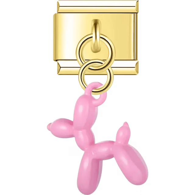 Gold Italian charm dangle with a pink balloon dog figurine hanging from two gold rings.